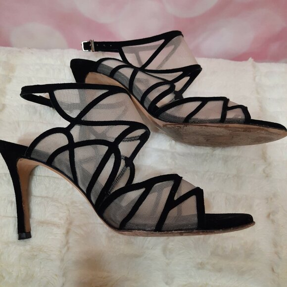 La Canadienne Black Suede Mesh Heels Sandals Size 39 US 8.5 Ankle Strap Italy - Picture 9 of 12